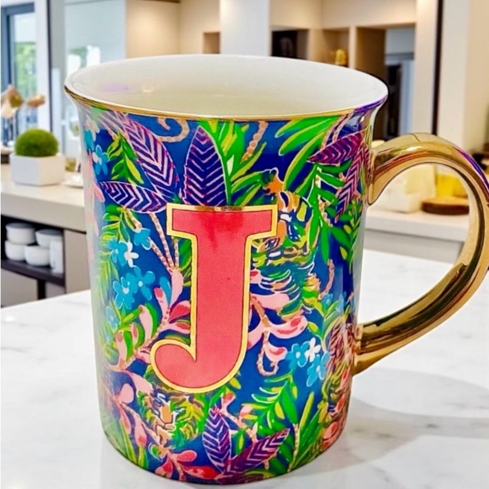 Lilly Pulitzer Colorful Floral Ceramic J Initial Mug Cup Gold Handle & Trim